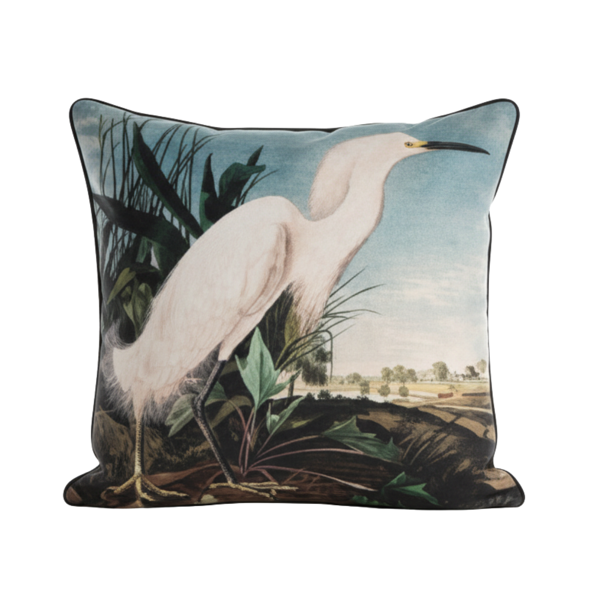 Vintage Birds - Snowy Heron Velvet Cushion - 60 x 60
