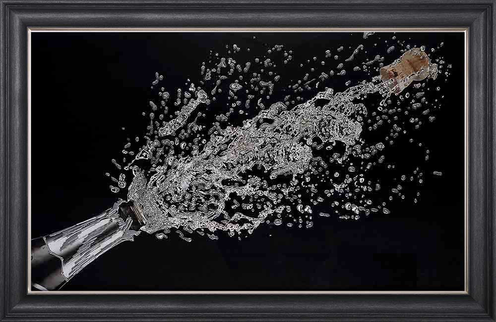 Popping Champagne Bottle On Black Background Framed Wall Art