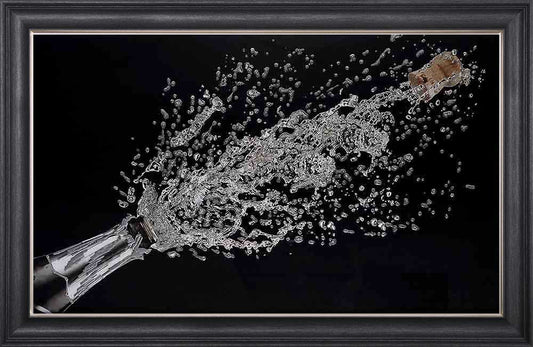 Popping Champagne Bottle On Black Background Framed Wall Art