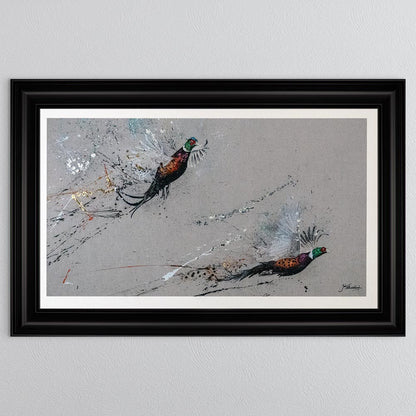 Two Phesants by Jack Featherstonehuagh with foil with White Mount Framed Wall Art