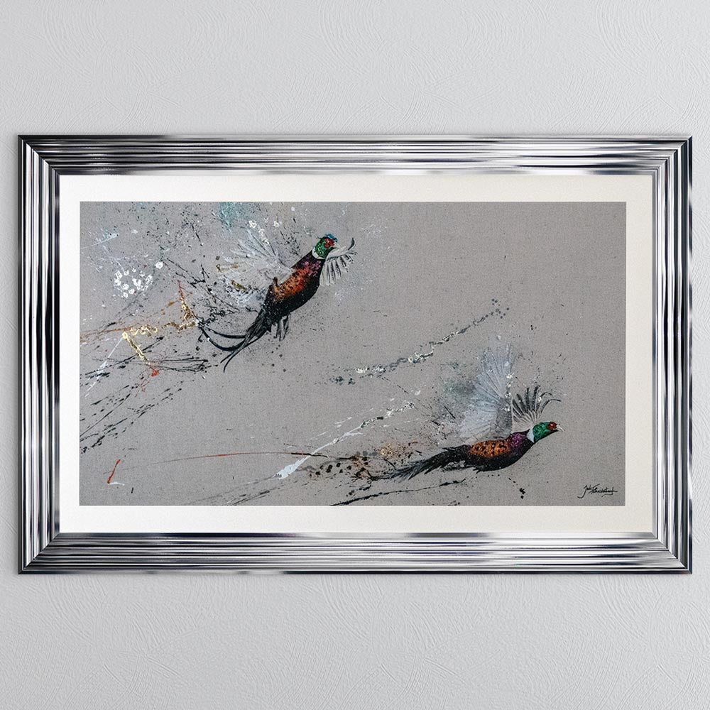 Two Phesants by Jack Featherstonehuagh with foil with White Mount Framed Wall Art