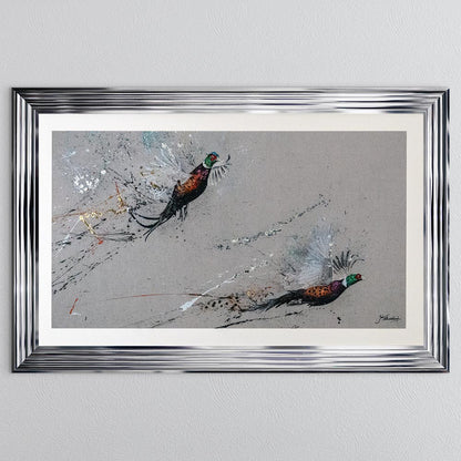 Two Phesants by Jack Featherstonehuagh with foil with White Mount Framed Wall Art