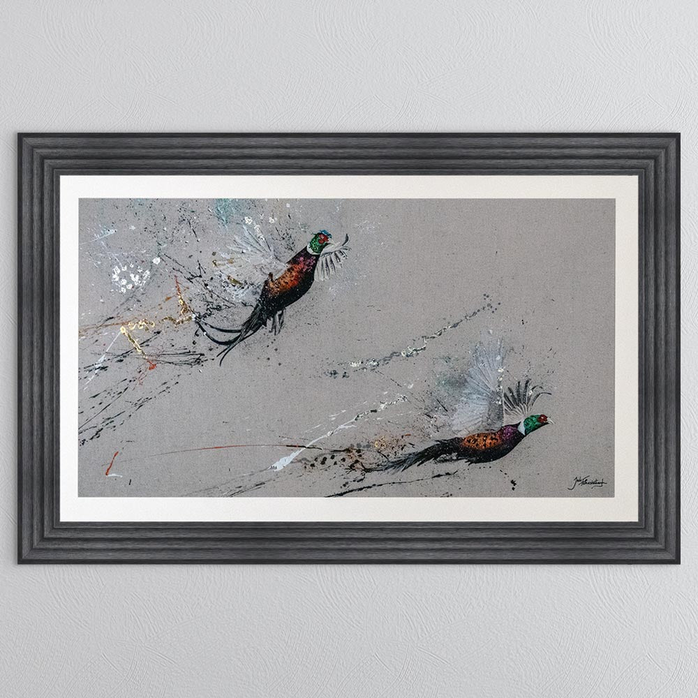 Two Phesants by Jack Featherstonehuagh with foil with White Mount Framed Wall Art
