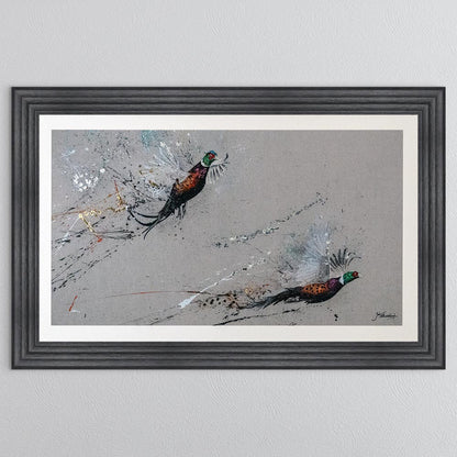 Two Phesants by Jack Featherstonehuagh with foil with White Mount Framed Wall Art