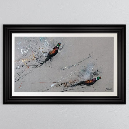 Two Phesants by Jack Featherstonehuagh with foil with White Mount Framed Wall Art