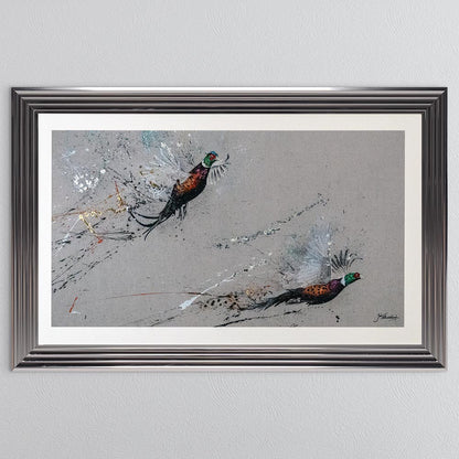 Two Phesants by Jack Featherstonehuagh with foil with White Mount Framed Wall Art