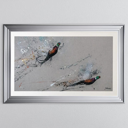 Two Phesants by Jack Featherstonehuagh with foil with White Mount Framed Wall Art