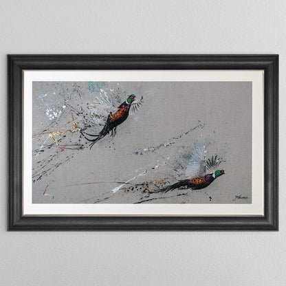 Two Phesants by Jack Featherstonehuagh with foil with White Mount Framed Wall Art
