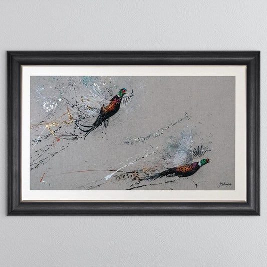 Two Phesants by Jack Featherstonehuagh with foil with White Mount Framed Wall Art