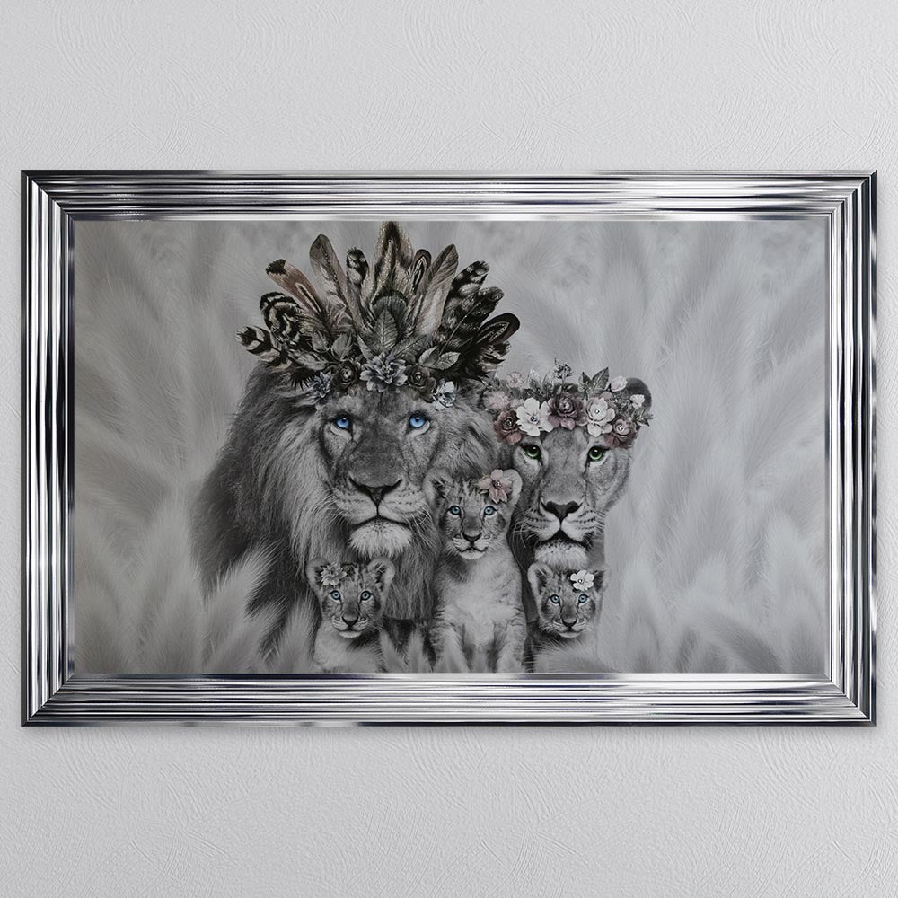 Lion Family With Three Cubs Framed Wall Art