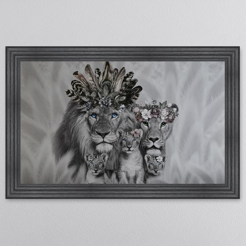 Lion Family With Three Cubs Framed Wall Art