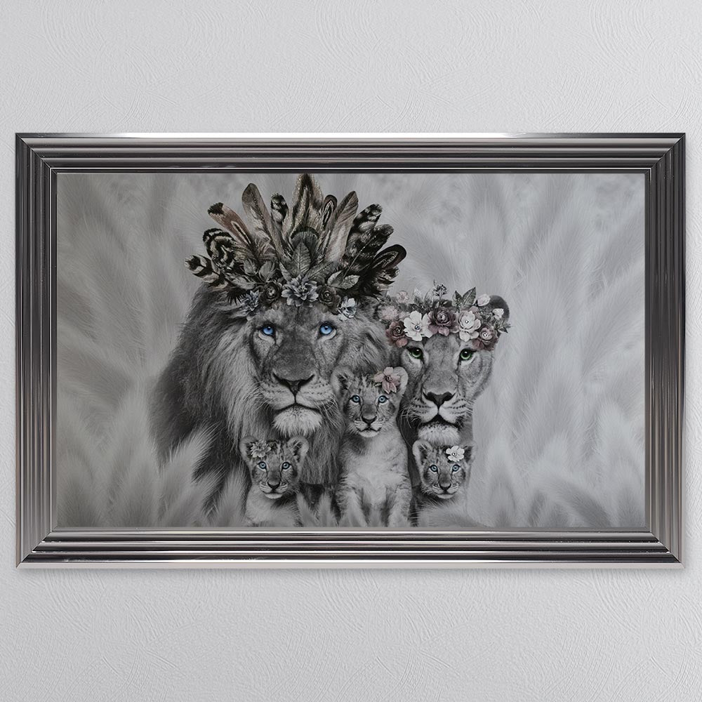 Lion Family With Three Cubs Framed Wall Art