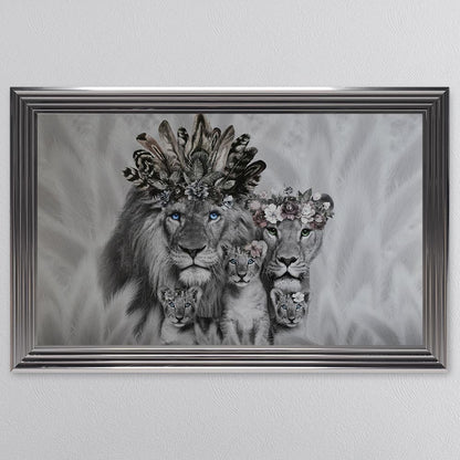 Lion Family With Three Cubs Framed Wall Art