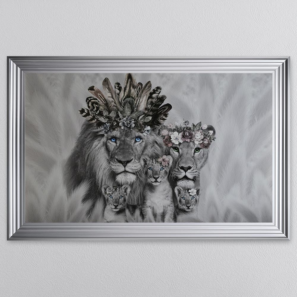 Lion Family With Three Cubs Framed Wall Art