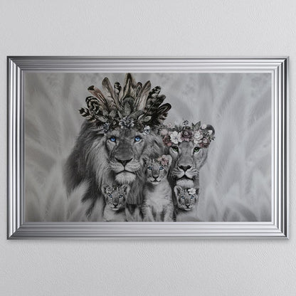 Lion Family With Three Cubs Framed Wall Art