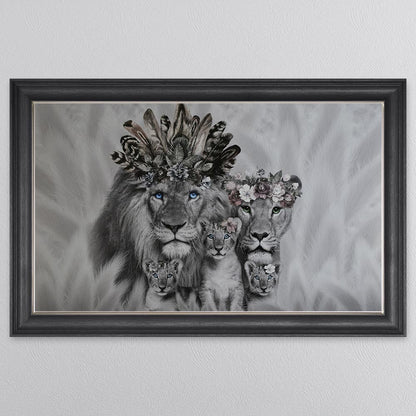 Lion Family With Three Cubs Framed Wall Art