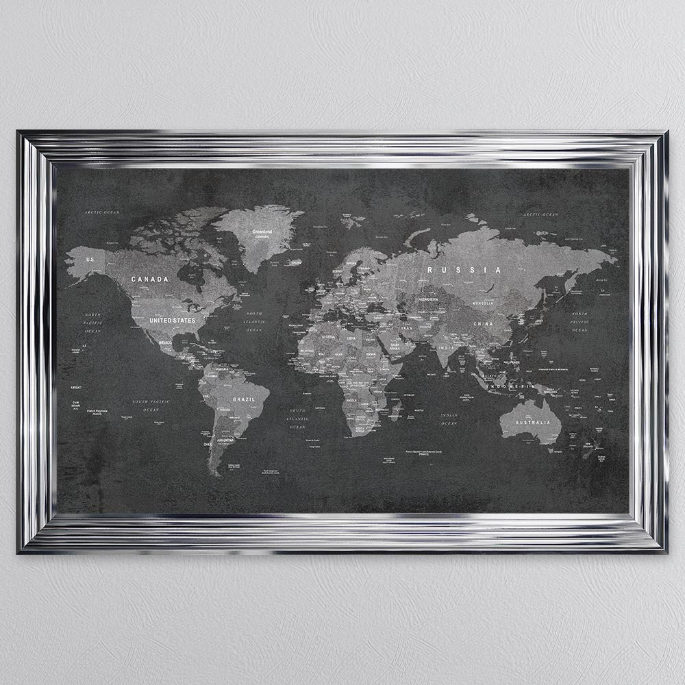 Grey World Map Framed Wall Art