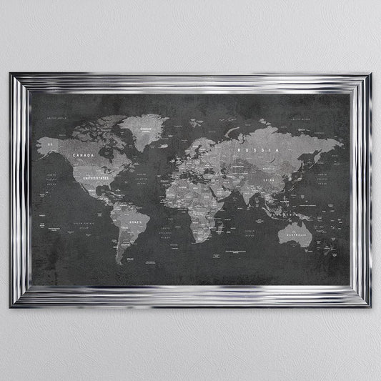 Grey World Map Framed Wall Art