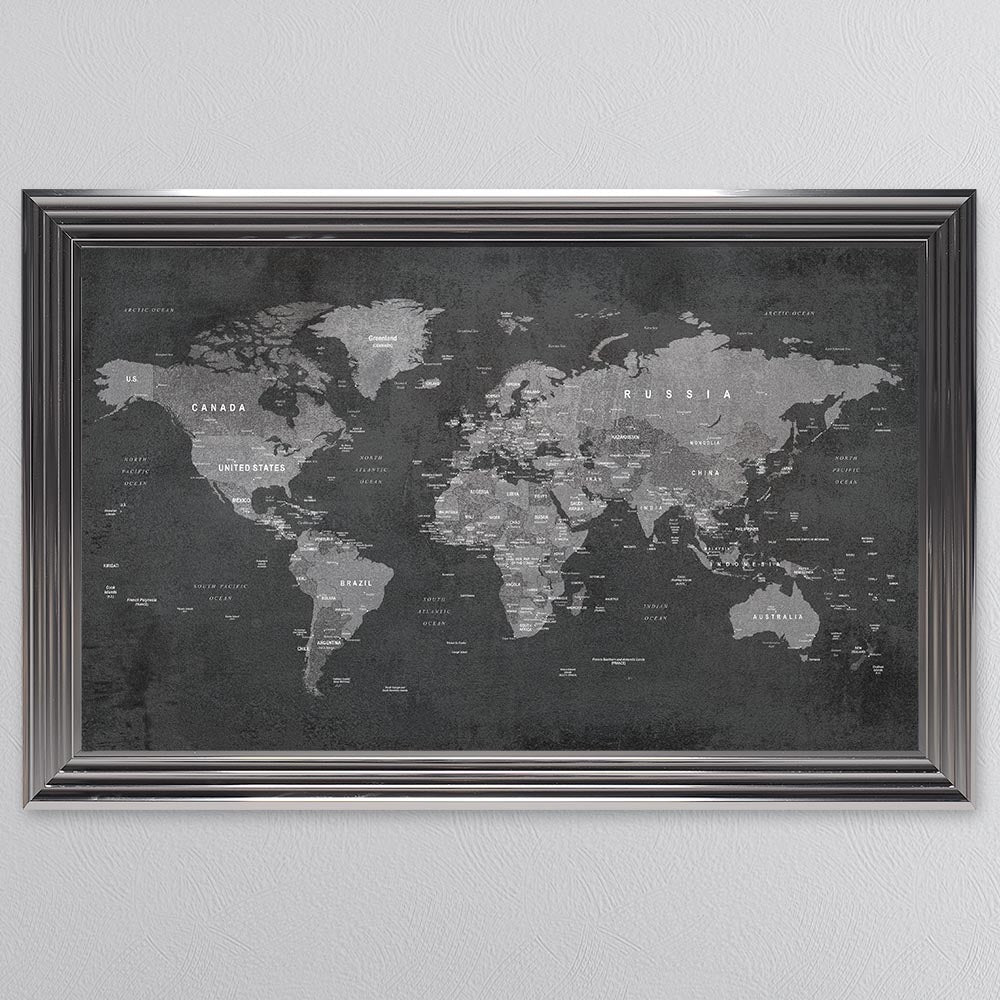 Grey World Map Framed Wall Art