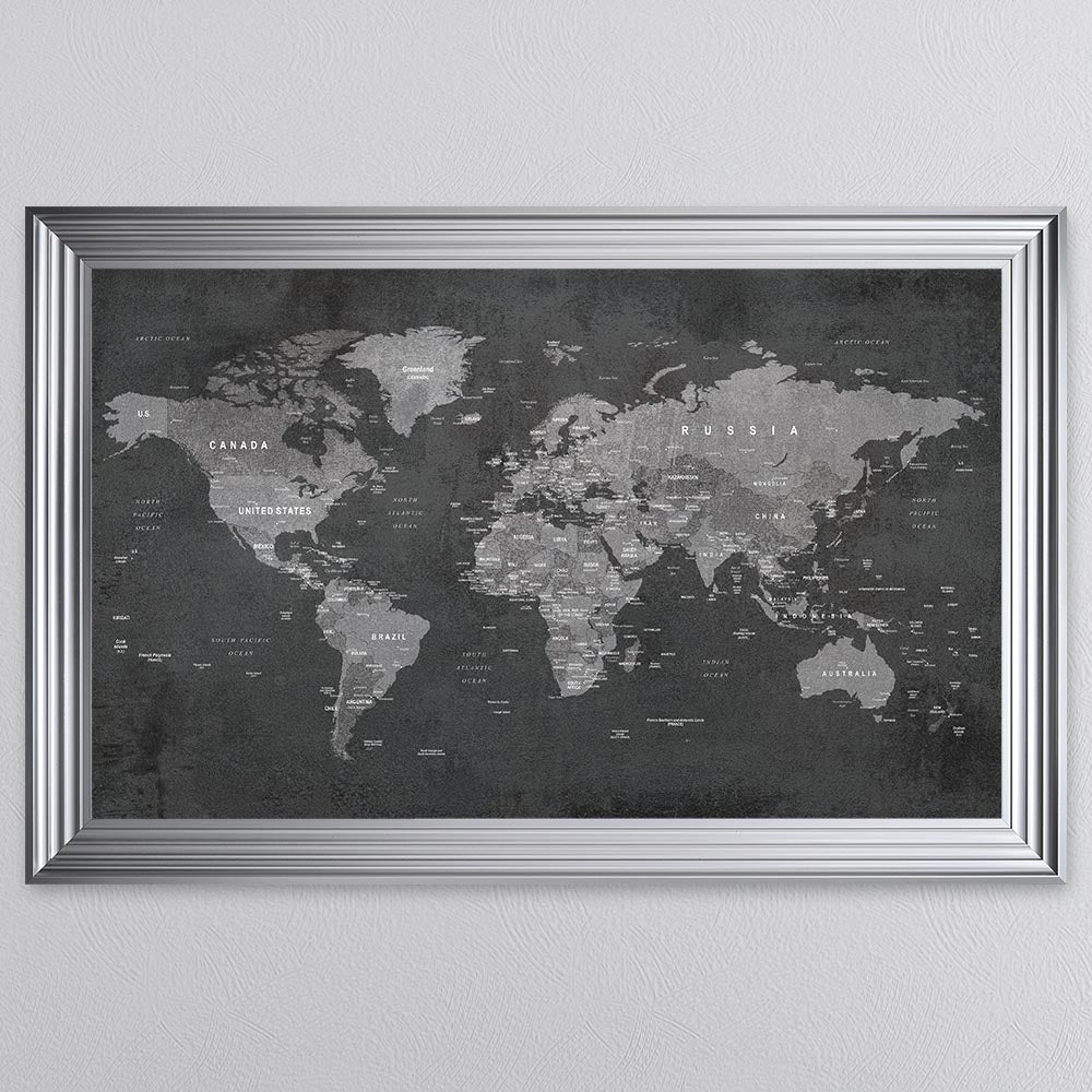 Grey World Map Framed Wall Art