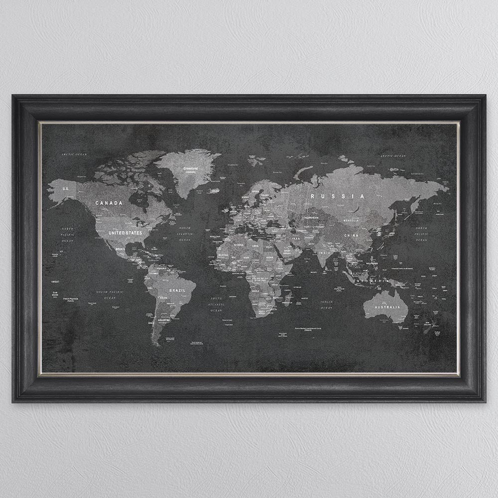 Grey World Map Framed Wall Art