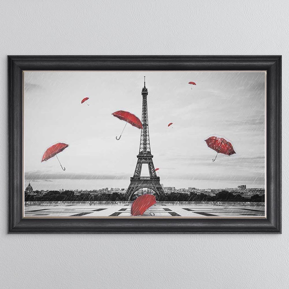 Red Umbrellas At The Eiffel Tower (Landscape) Framed Wall Art