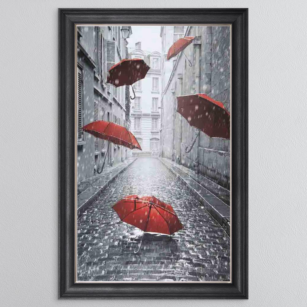 Red Umbrellas On The Street Framed Wall Art