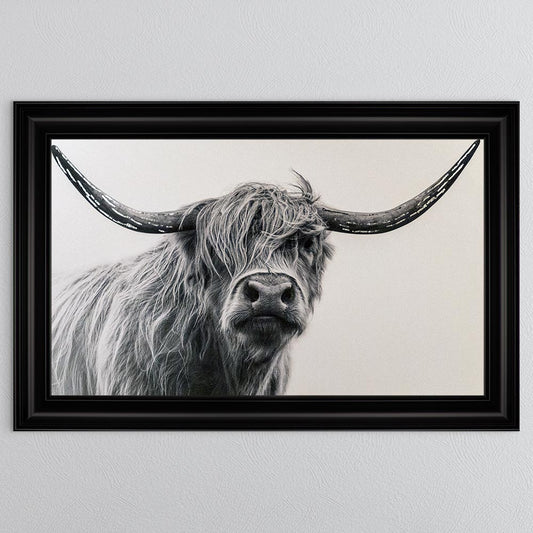 White Highland Cow with Silver foil Framed Wall Art