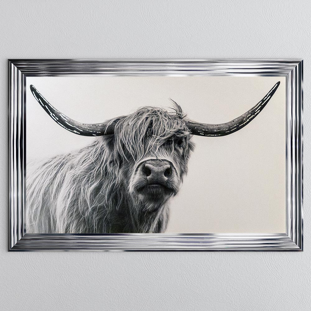 White Highland Cow with Silver foil Framed Wall Art