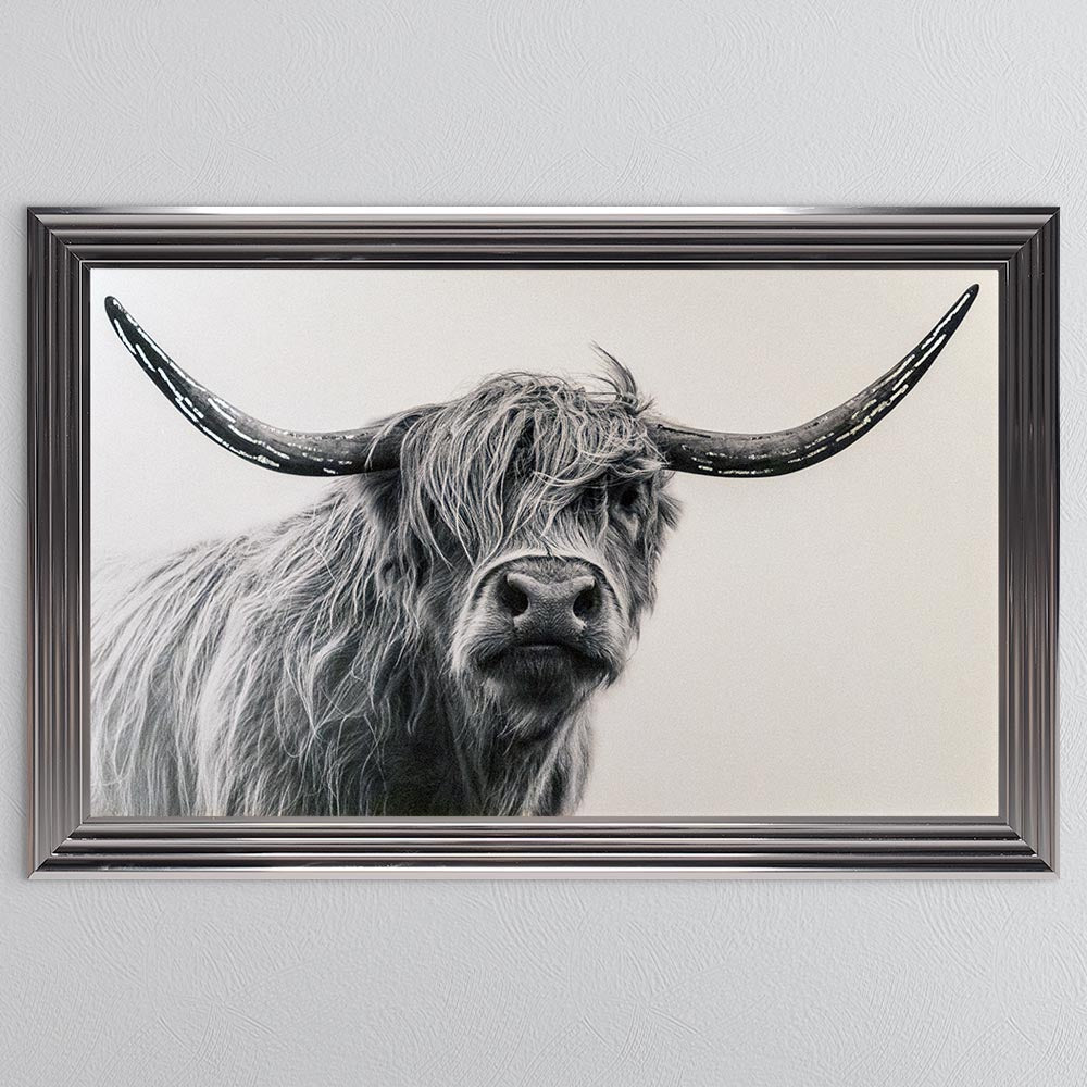 White Highland Cow with Silver foil Framed Wall Art