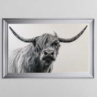 White Highland Cow with Silver foil Framed Wall Art