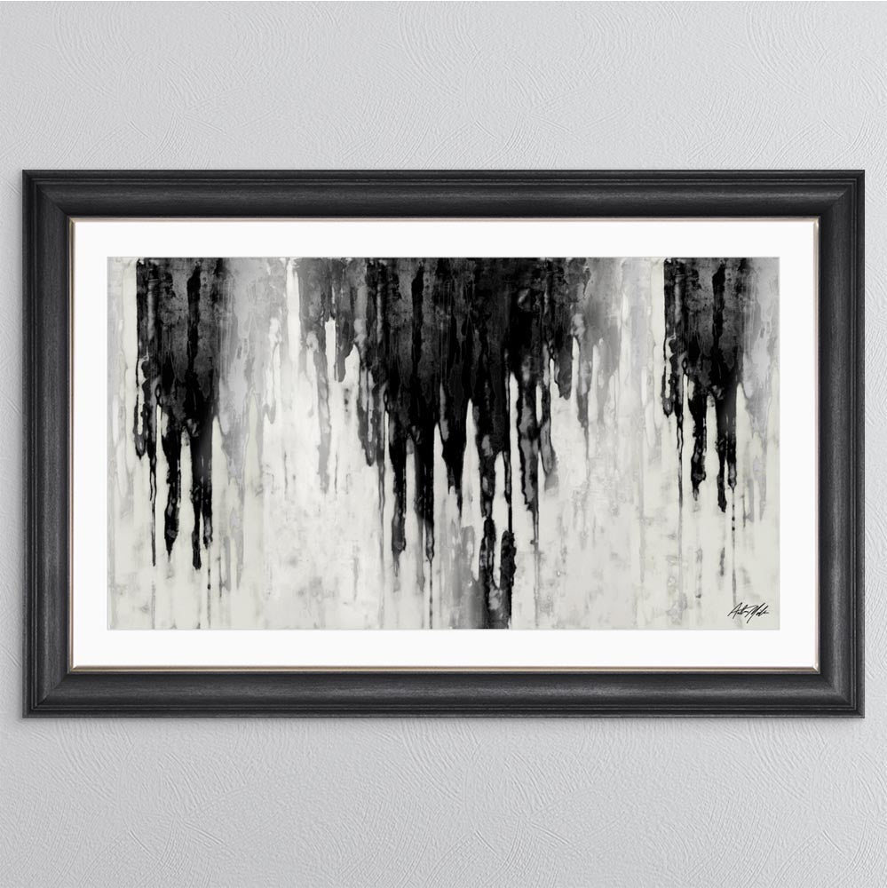 Abstract Black & Silver Dripping Keys with White Mount Framed Wall Art