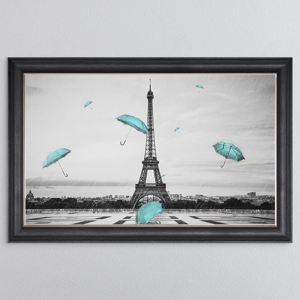Teal Umbrellas At The Eiffel Tower (Landscape) Framed Wall Art