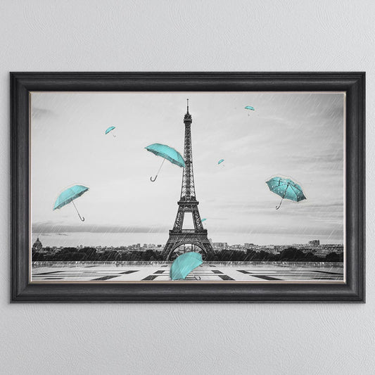 Teal Umbrellas At The Eiffel Tower (Landscape) Framed Wall Art