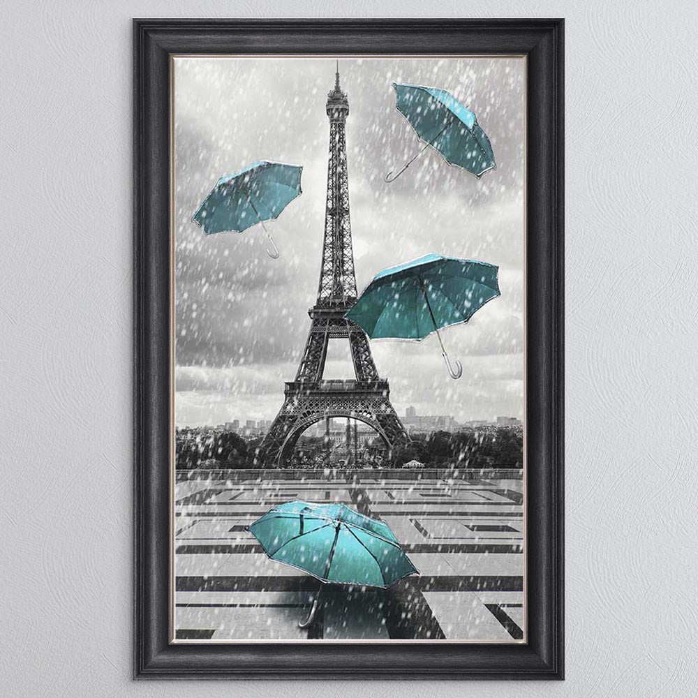 Teal Umbrellas At The Eiffel Tower (Portrait) Framed Wall Art