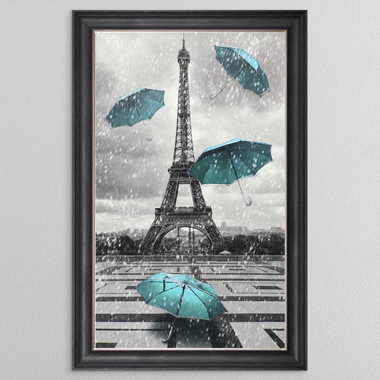 Teal Umbrellas At The Eiffel Tower (Portrait) Framed Wall Art