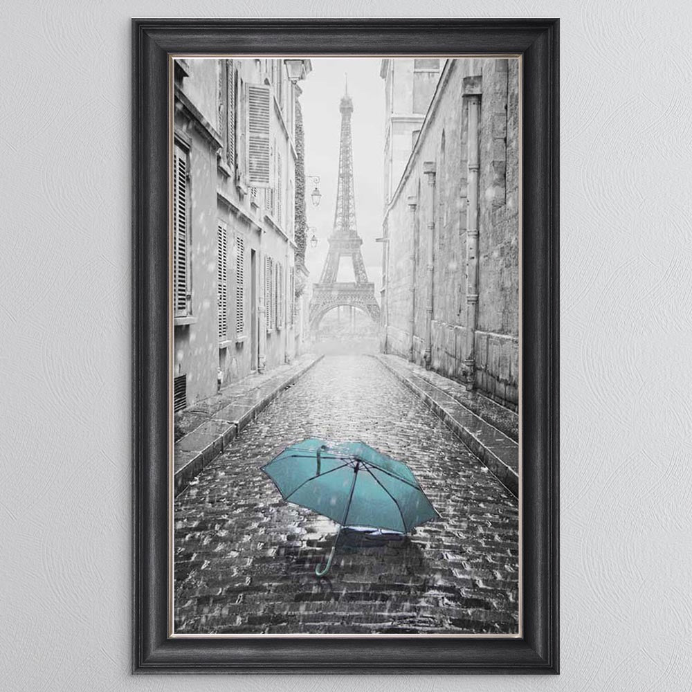 Teal Umbrellas On The Streets Of Paris Framed Wall Art