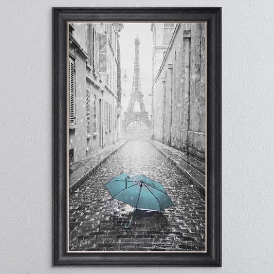 Teal Umbrellas On The Streets Of Paris Framed Wall Art