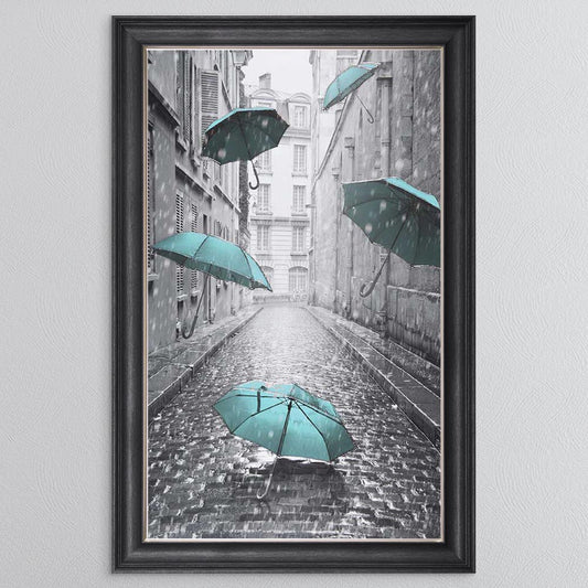 Teal Umbrellas On The Street Framed Wall Art