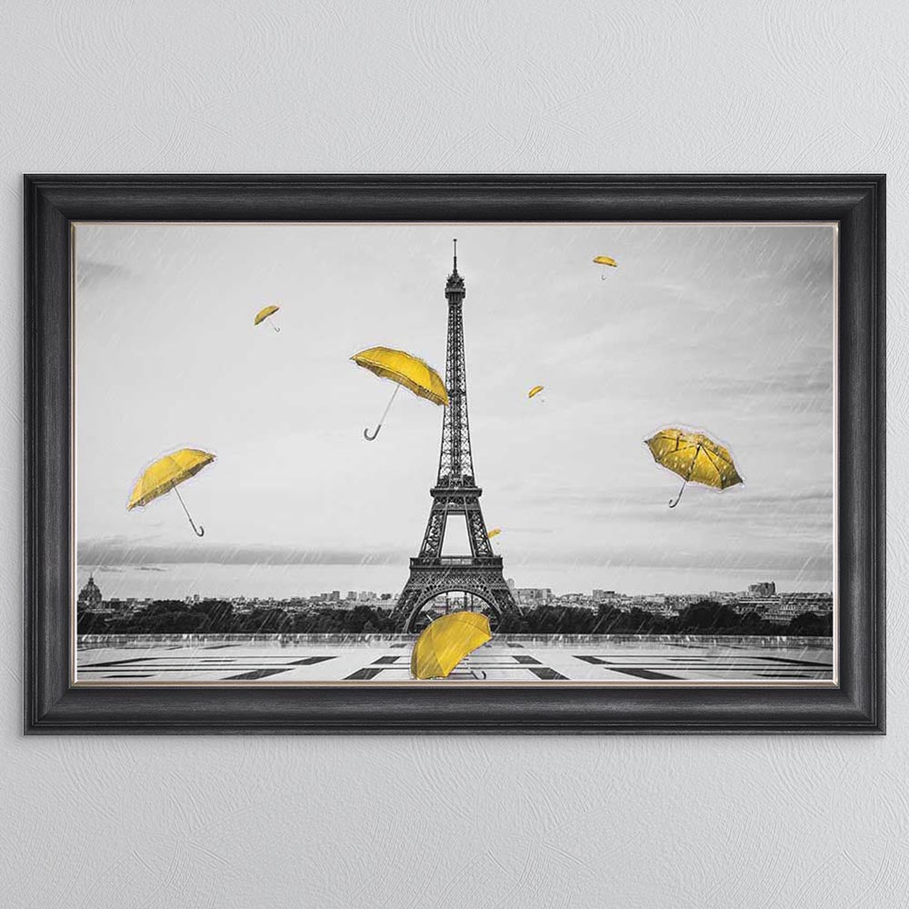 Yellow Umbrellas At The Eiffel Tower (Landscape) Framed Wall Art