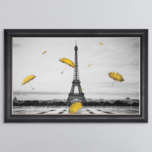 Yellow Umbrellas At The Eiffel Tower (Landscape) Framed Wall Art
