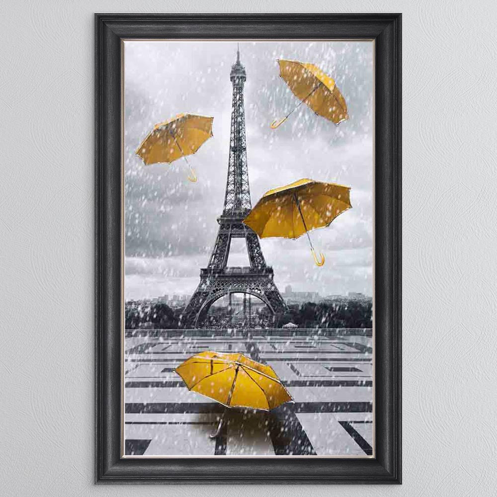 Yellow Umbrellas At The Eiffel Tower (Portrait) Framed Wall Art