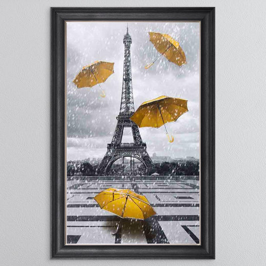 Yellow Umbrellas At The Eiffel Tower (Portrait) Framed Wall Art