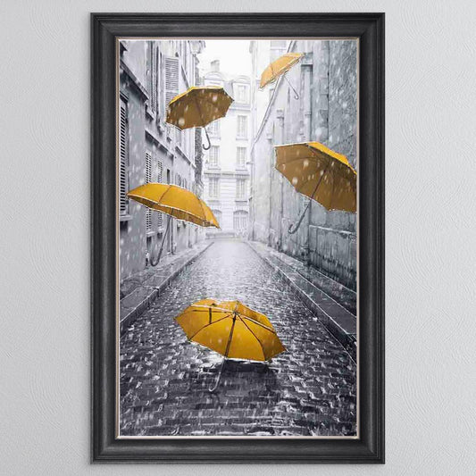 Yellow Umbrellas On The Street Framed Wall Art
