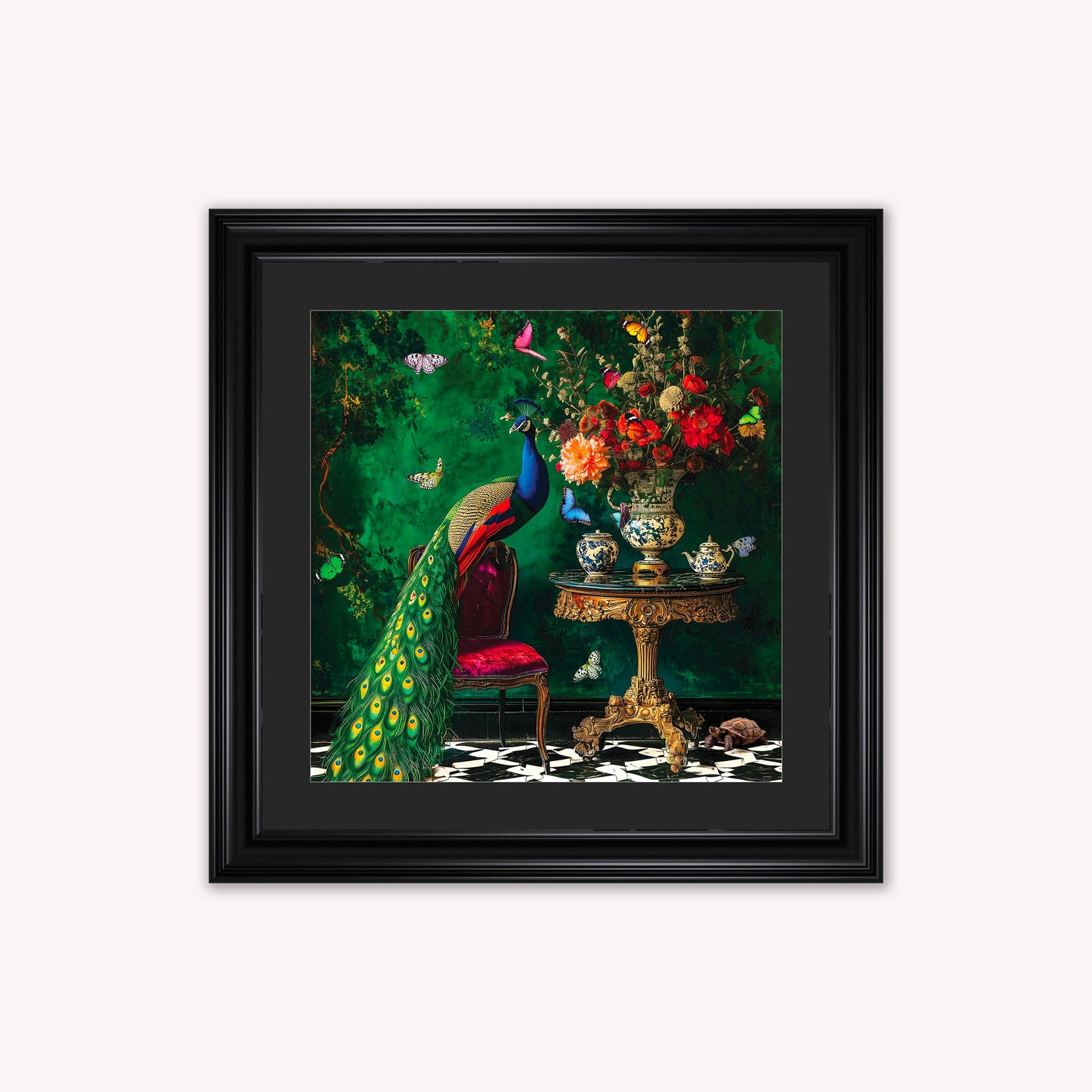 Curiosity Peacock at the Stately Home with Black Mount Framed Wall Art