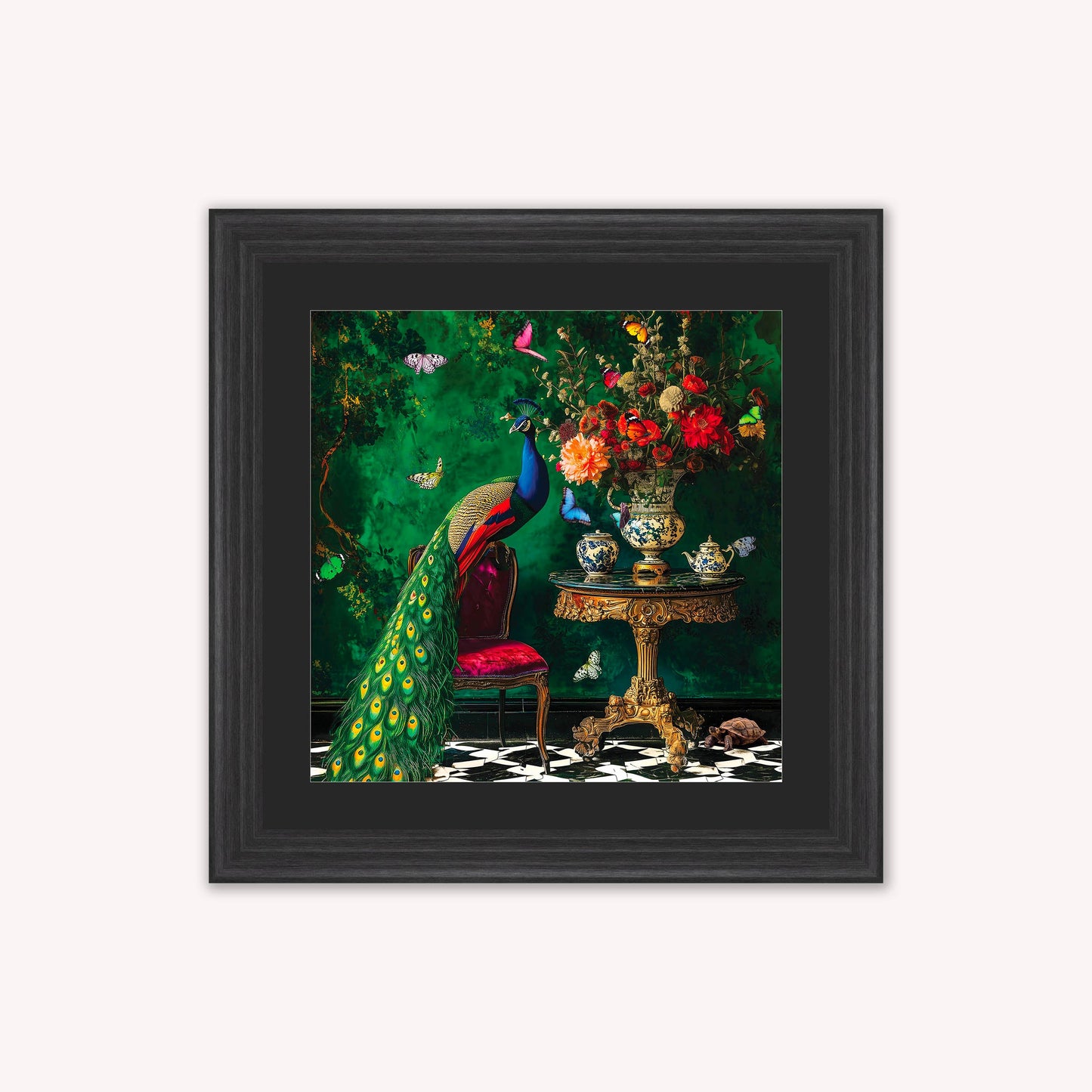 Curiosity Peacock at the Stately Home with Black Mount Framed Wall Art