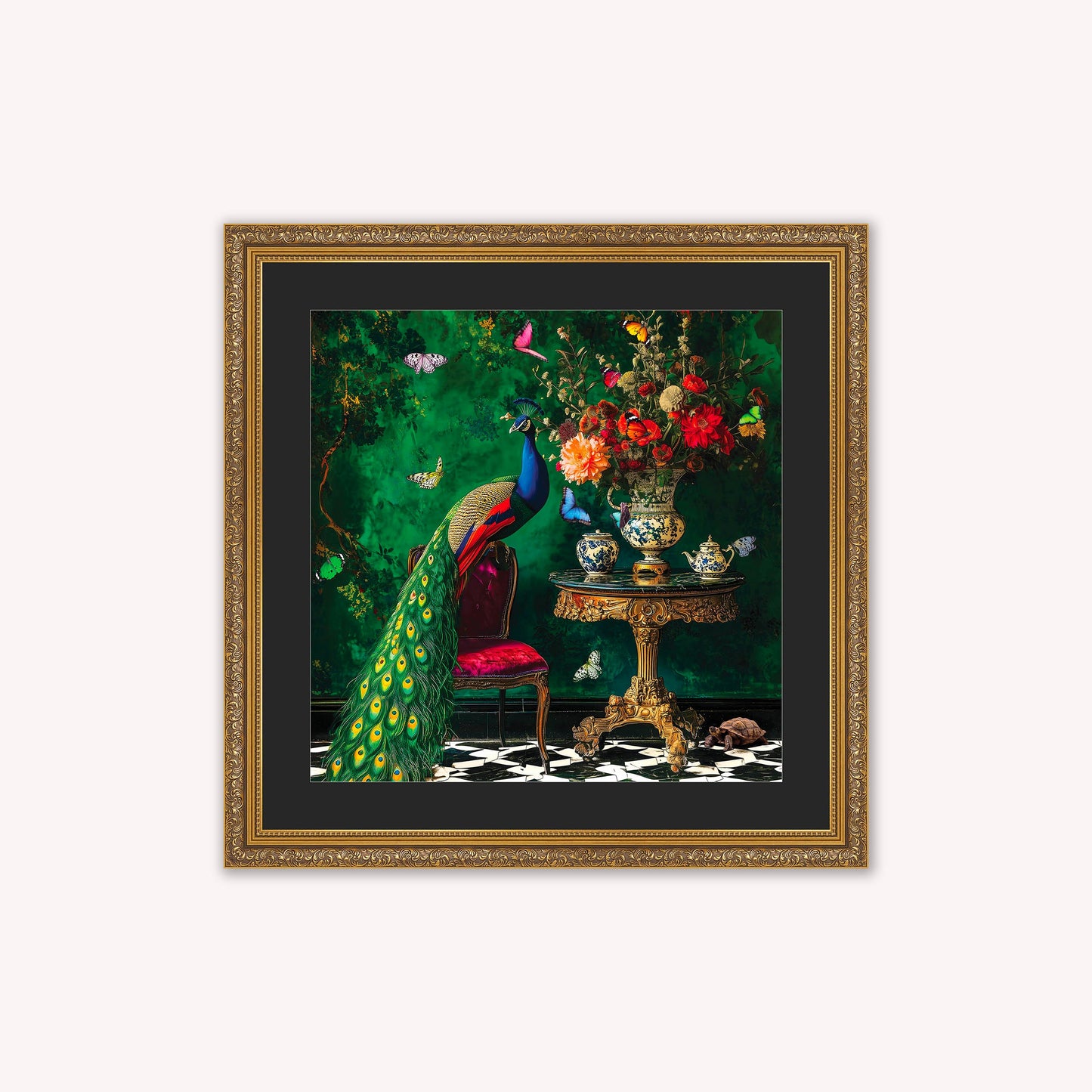 Curiosity Peacock at the Stately Home with Black Mount Framed Wall Art