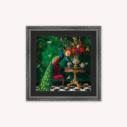 Curiosity Peacock at the Stately Home with Black Mount Framed Wall Art