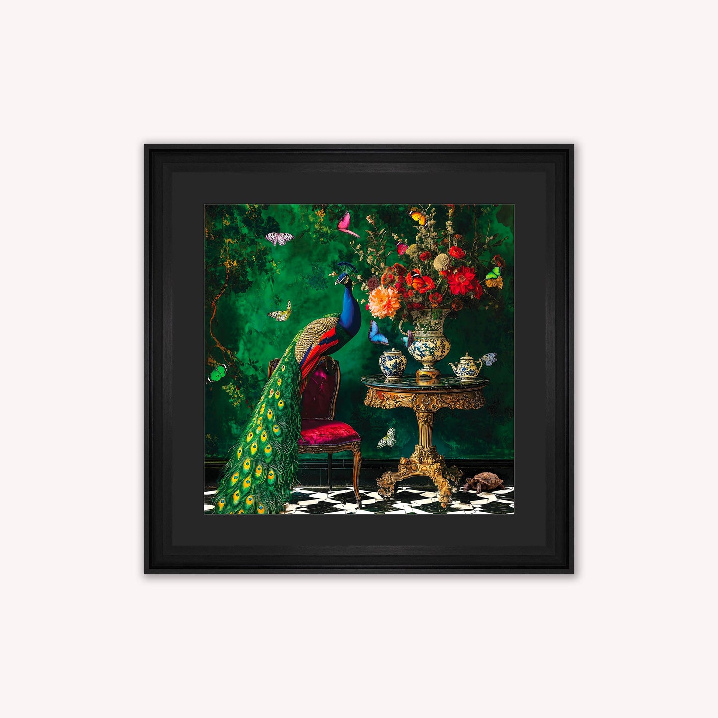 Curiosity Peacock at the Stately Home with Black Mount Framed Wall Art