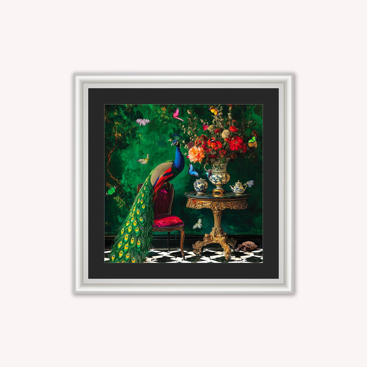 Curiosity Peacock at the Stately Home with Black Mount Framed Wall Art